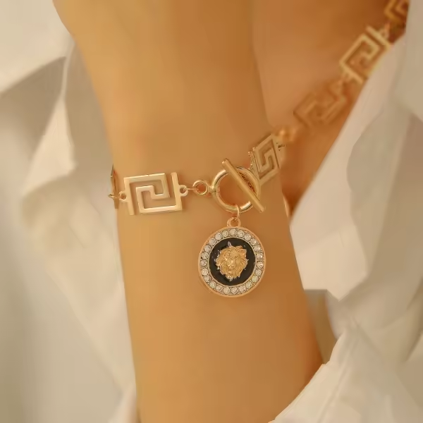 Ensemble Lion Impérial – Collier, Bracelet & Boucles d’Oreilles